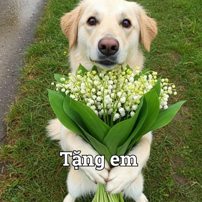 Meme con chó hài tặng hoa 